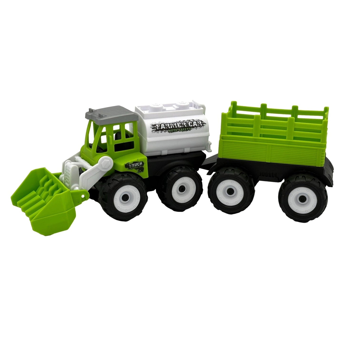 A green and white toy tractor with a trailer.