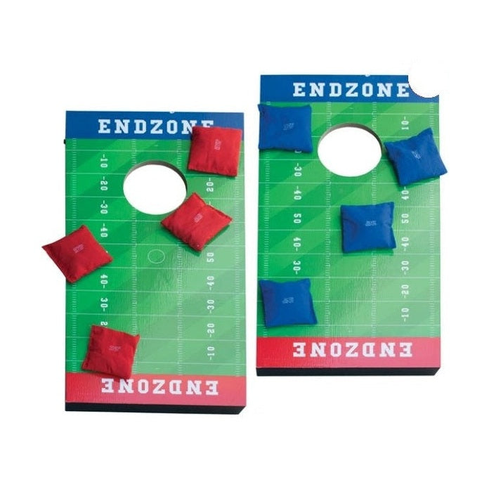 Two cornhole boards with a football field pattern and beanbags.