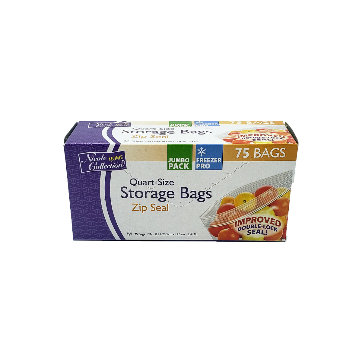 A box of "Nicole HOME Collection" Quart-Size Storage Bags with Zip Seal.