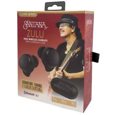 Box of Santana Zulu wireless earbuds with Carlos Santana on the front.