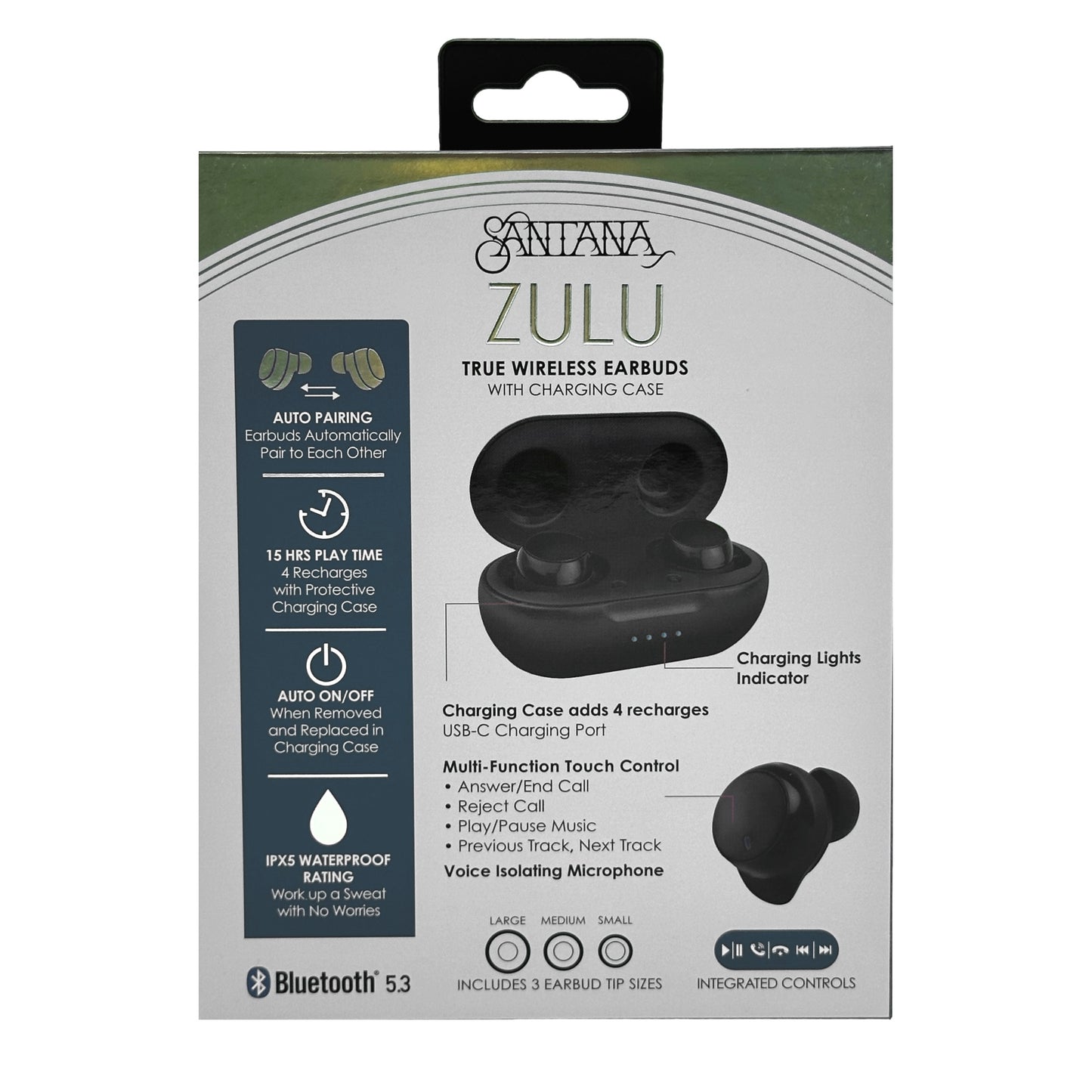 Boxed Santana Zulu true wireless earbuds with charging case.
