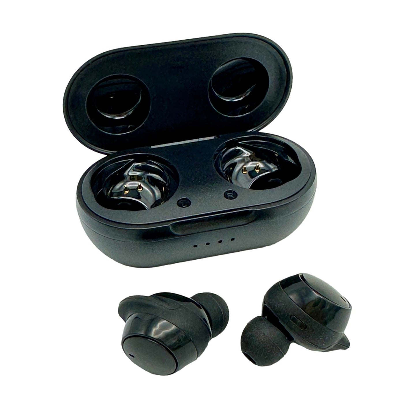 Black earbuds and charging case.
