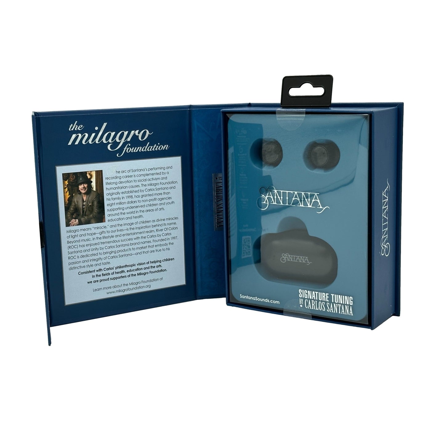 Product packaging featuring Santana wireless earbuds alongside information on the Milagro Foundation.
