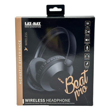 Box of black LAX-MAX Beat Pro wireless headphones.