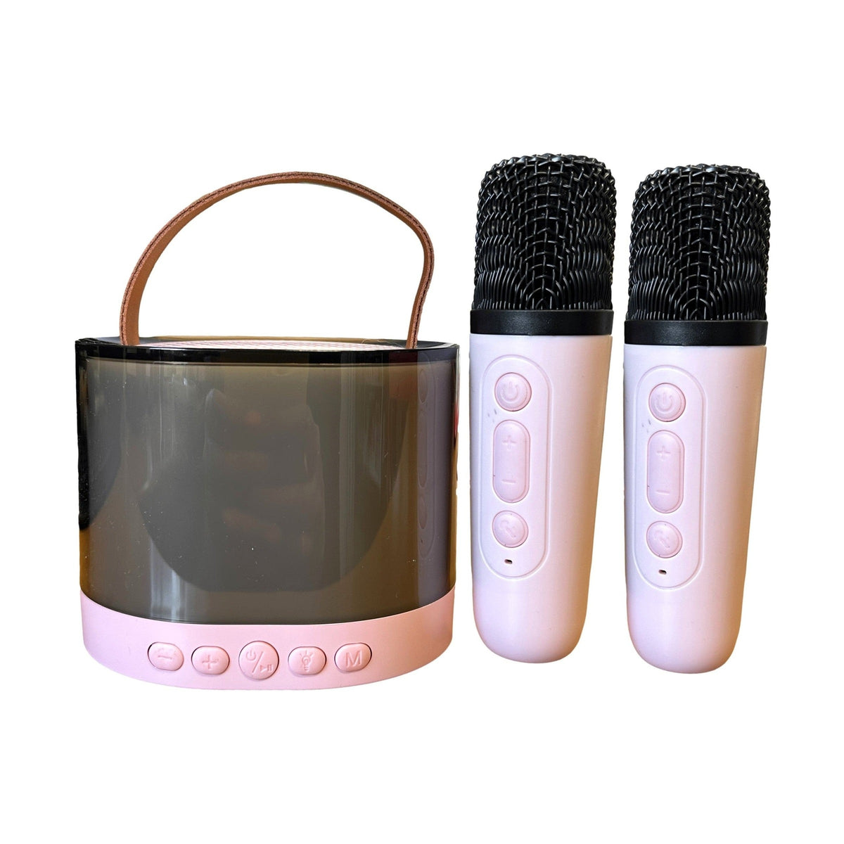 Pink portable speaker with handle and two microphones.