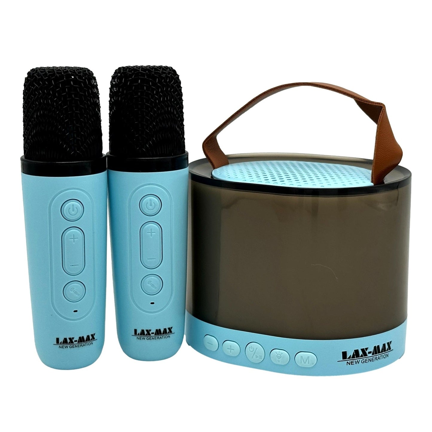 Two blue microphones and a black and blue speaker with a brown handle.