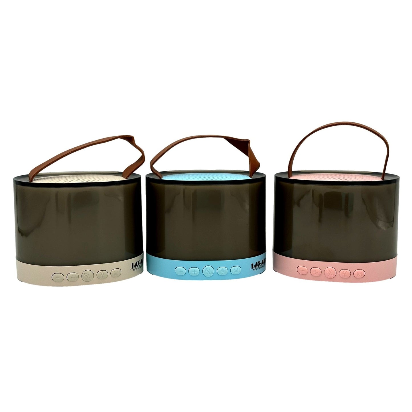 Three cylindrical speakers with handles.