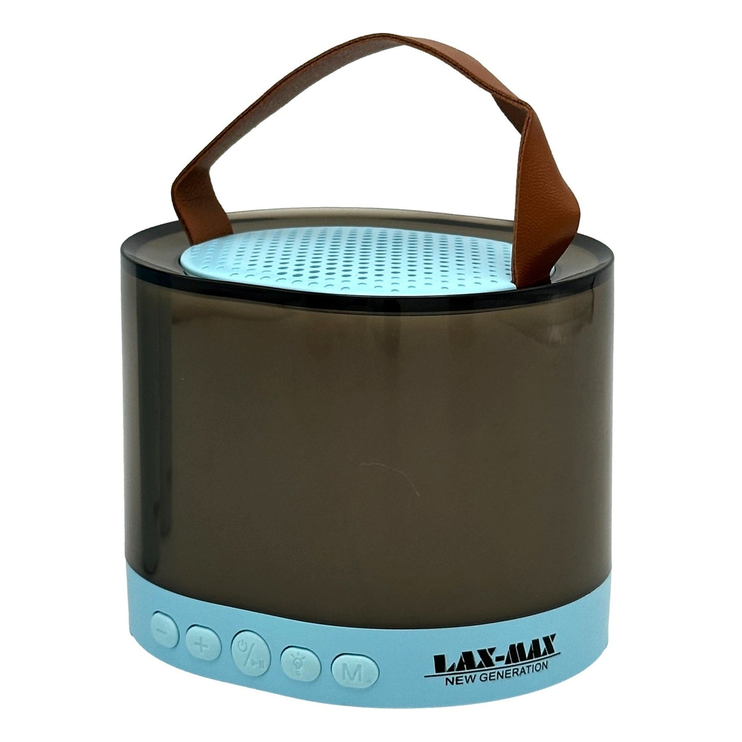 Portable blue and black cylindrical speaker with a brown leather handle.