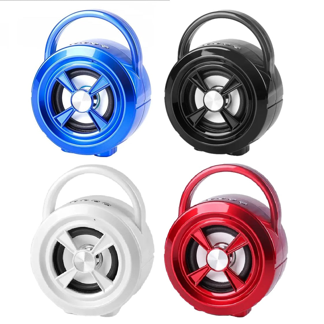 Four portable speakers in blue, black, white, and red.