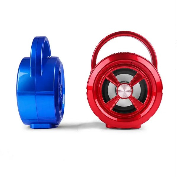 Two round speakers with handles; one blue and one red.