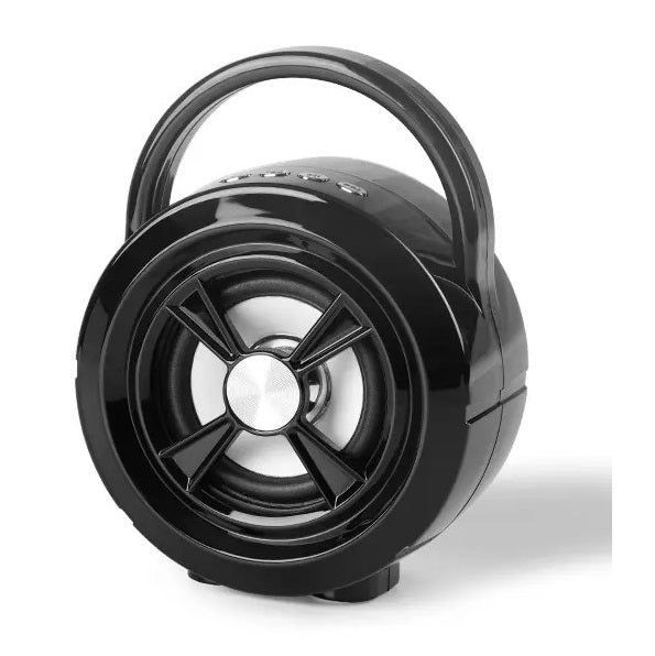 Black portable speaker with handle.