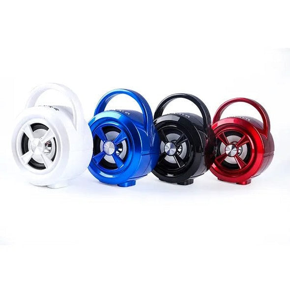A row of white, blue, black, and red portable speakers.