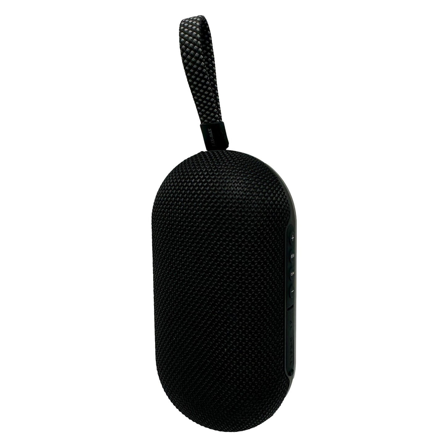 Black cylindrical portable speaker with braided lanyard.