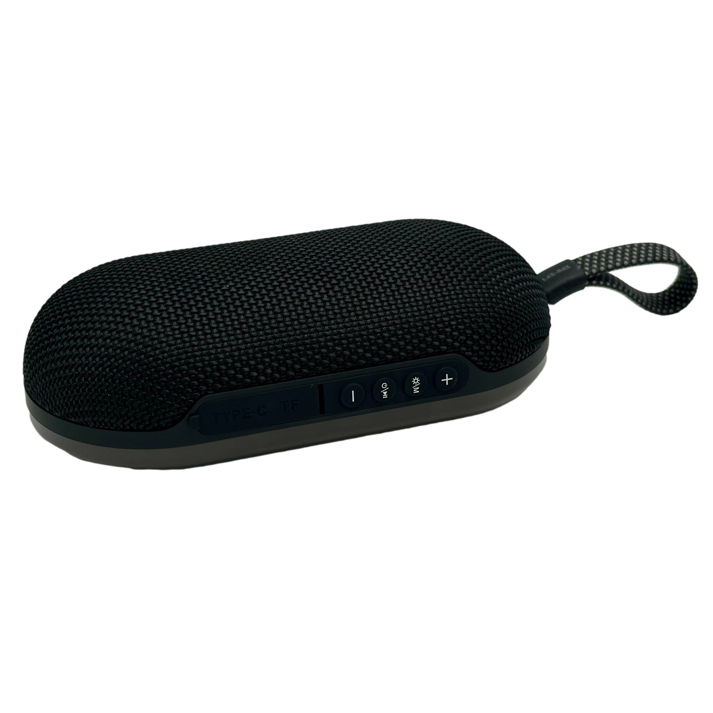 Portable speaker with black mesh and gray trim.