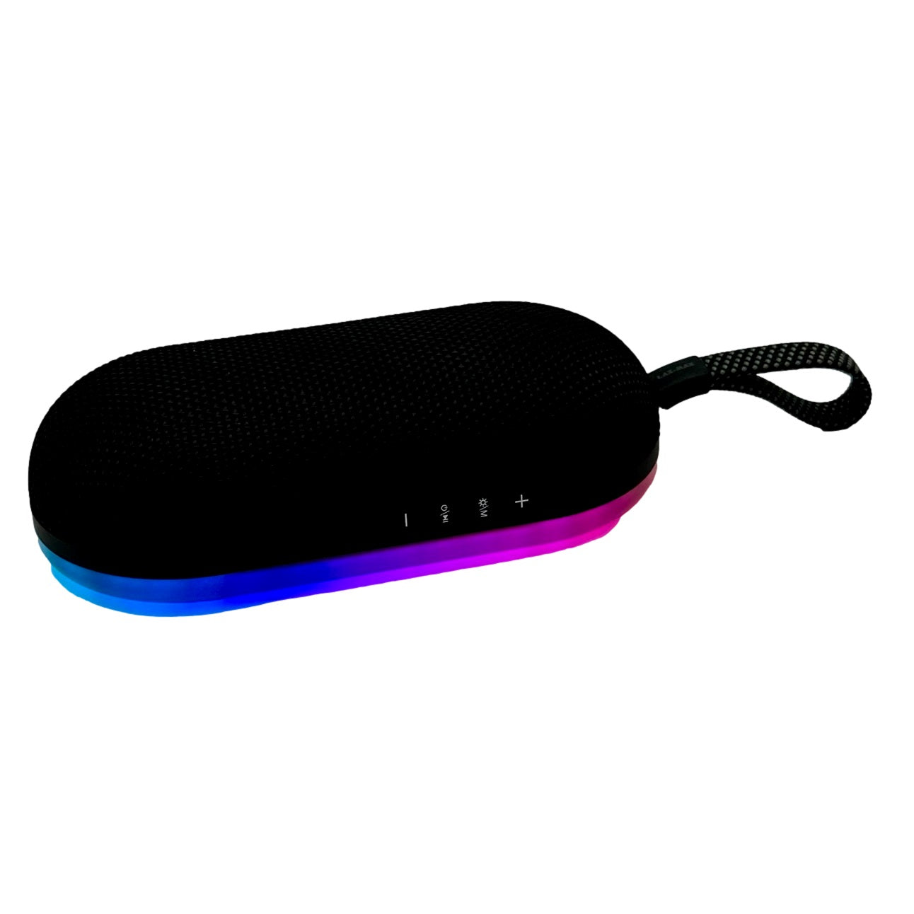Black speaker with colorful LED strip and attached loop.