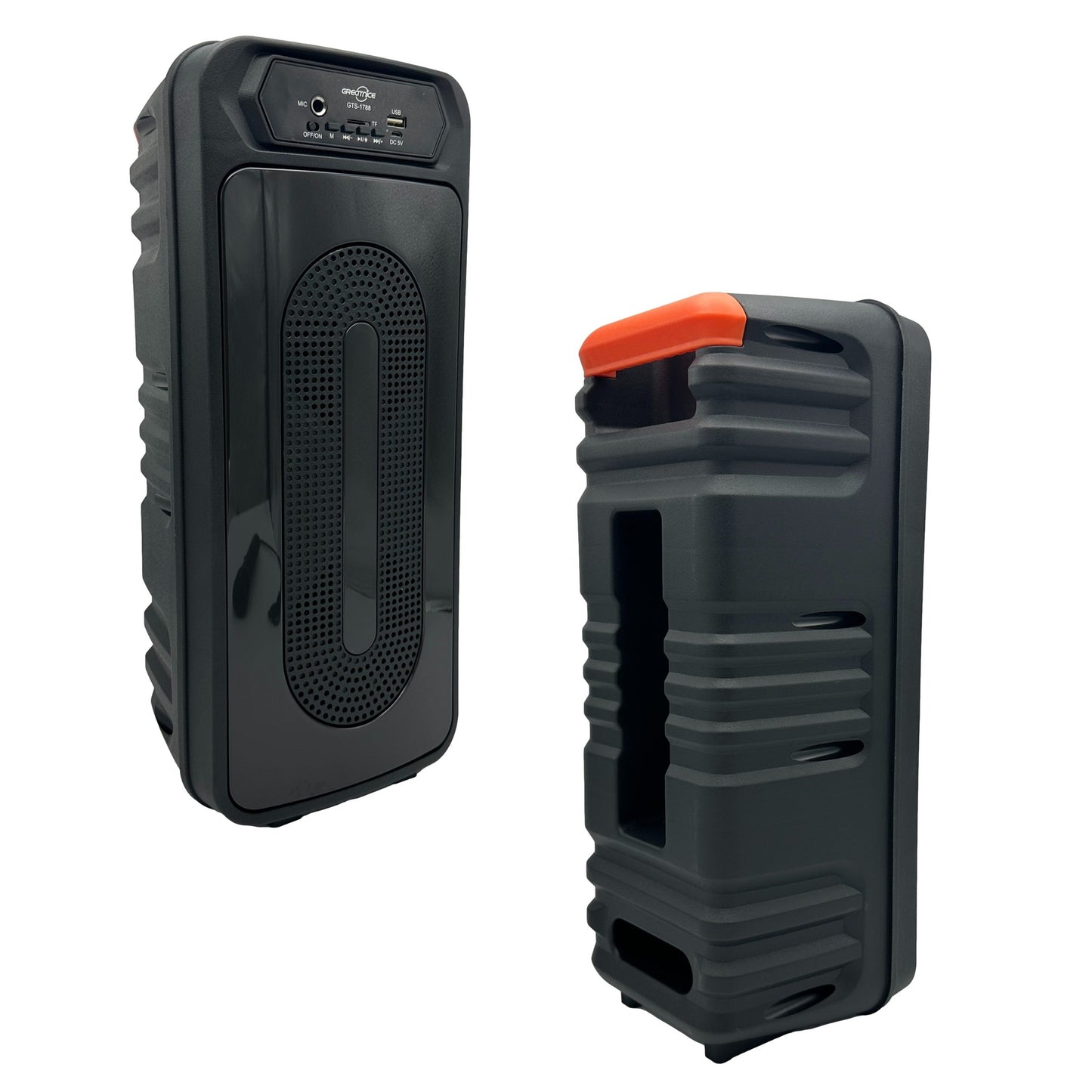 Two portable, black speakers, one glossy with a speaker grill and control panel, the other matte with a handle and orange accent.