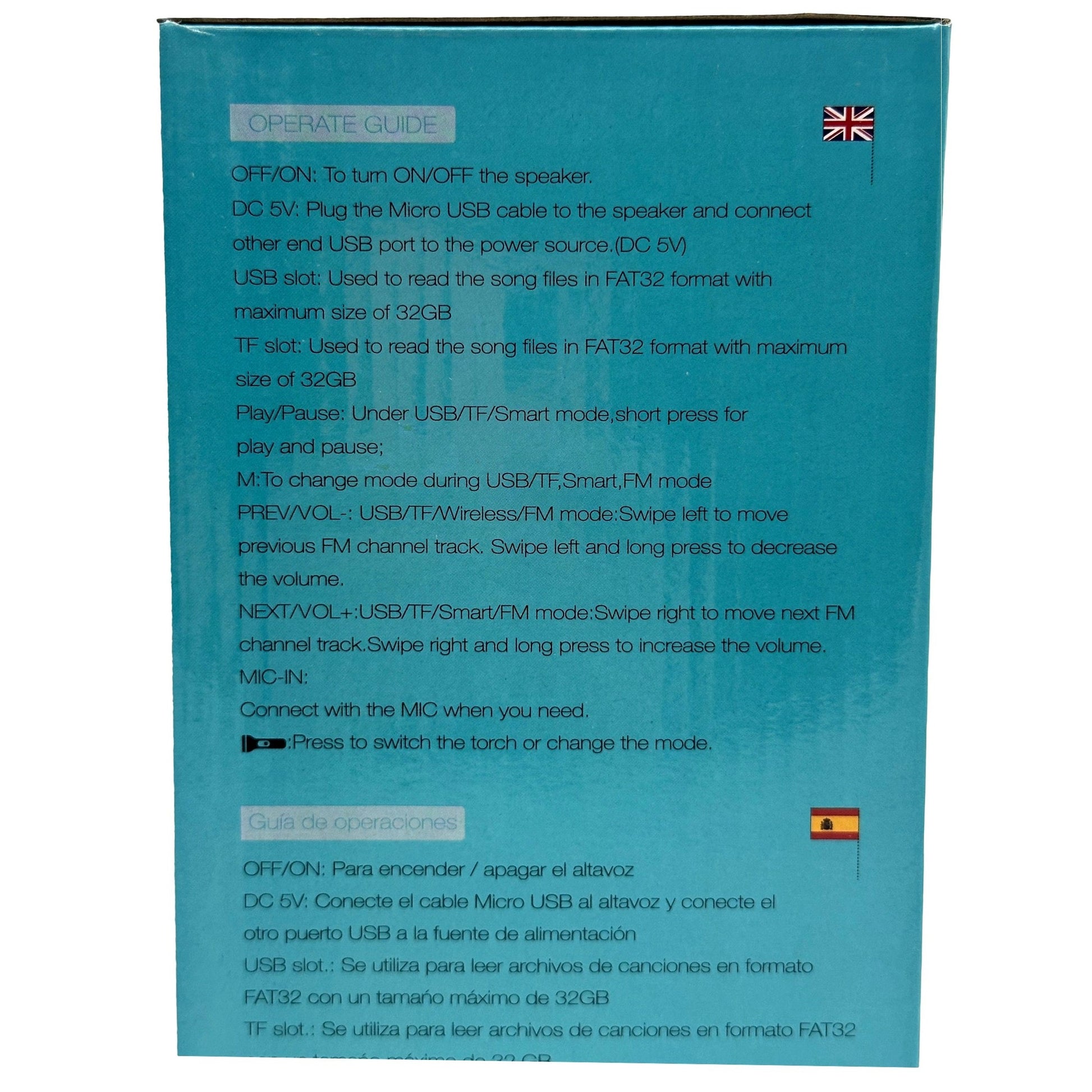 Close-up of a light blue box with instructions written in English and Spanish.