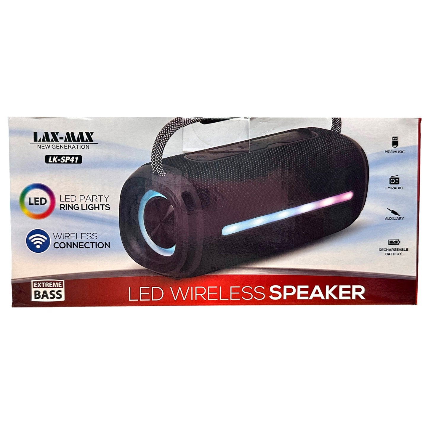 Box of a black LED wireless speaker with a carrying handle.