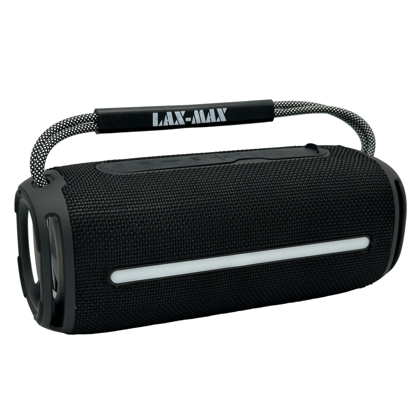 Black speaker with carrying handle and white light bar.