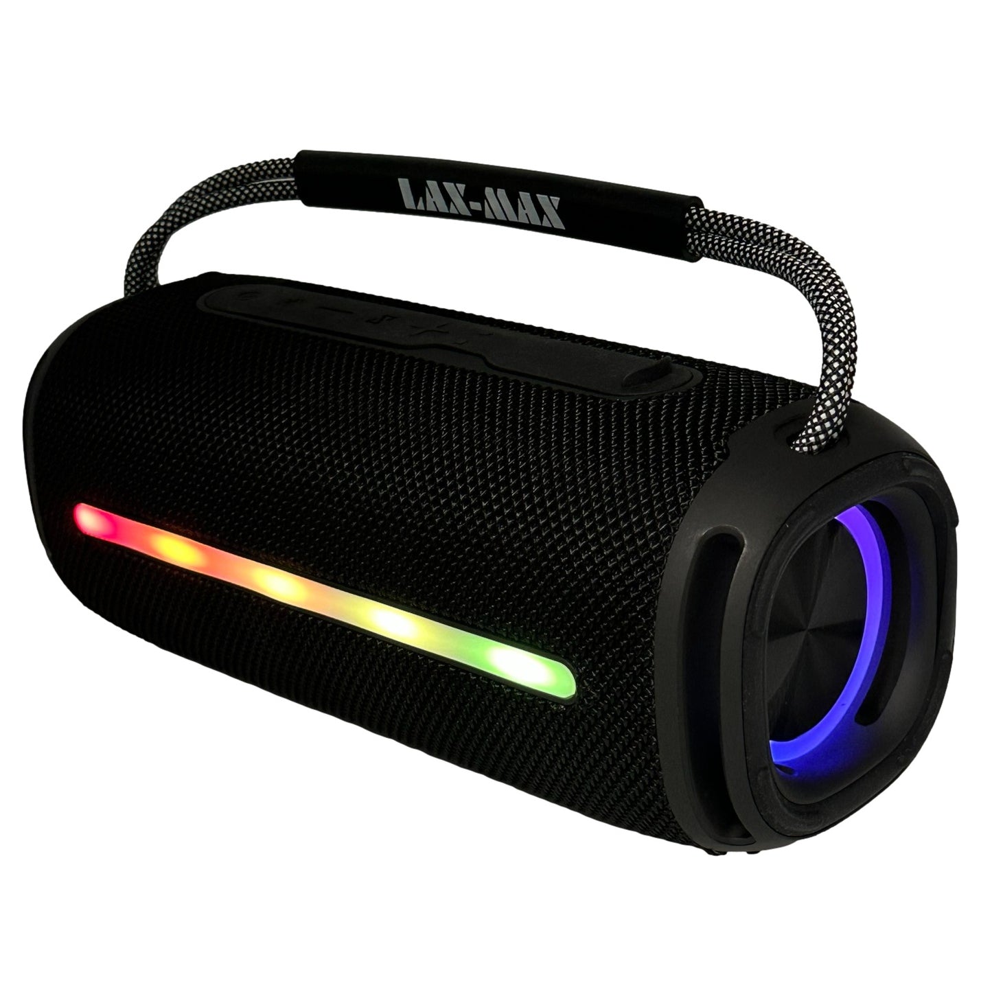 Black wireless speaker with rainbow light and blue-lit end.