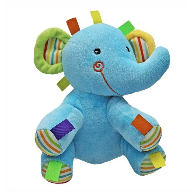 Blue plush elephant toy with colorful tags and striped accents.