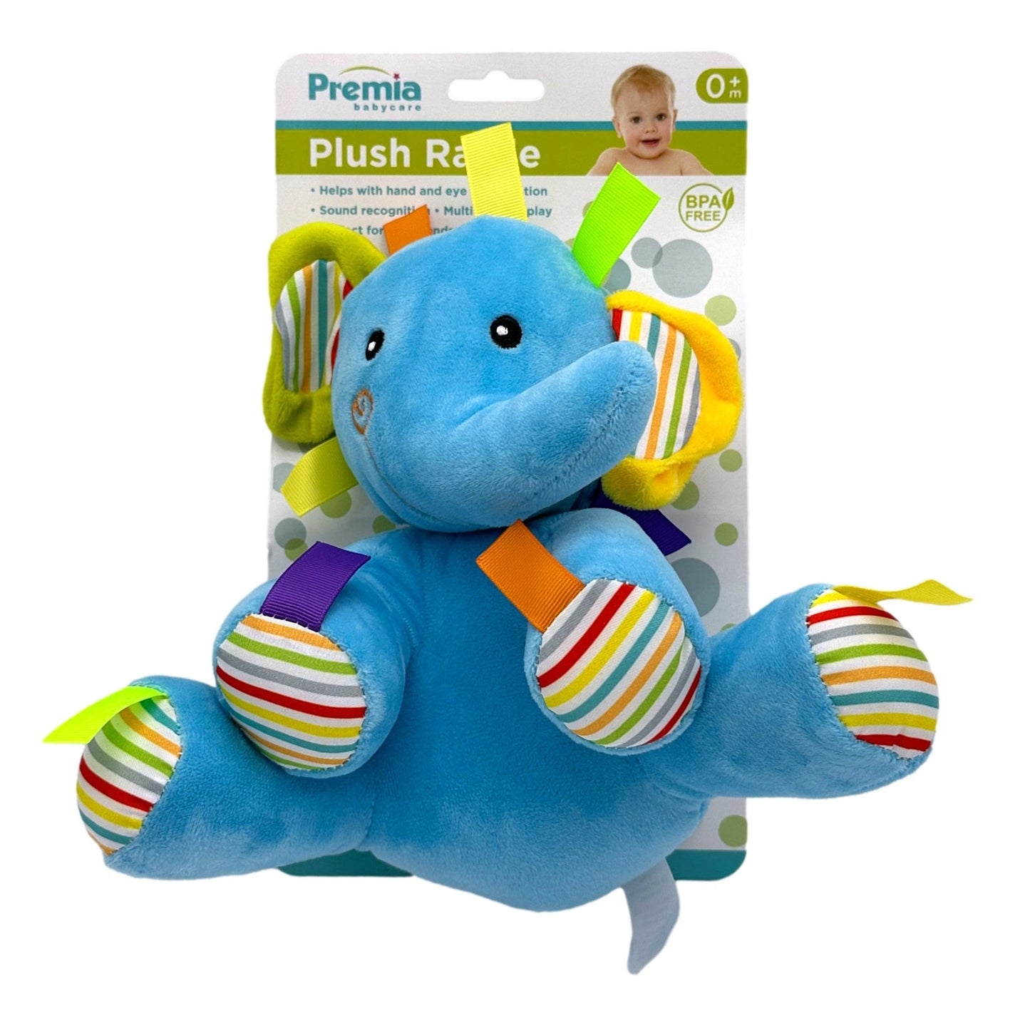 Blue plush baby toy elephant with striped ears and feet, and colorful ribbon tags, against product packaging.