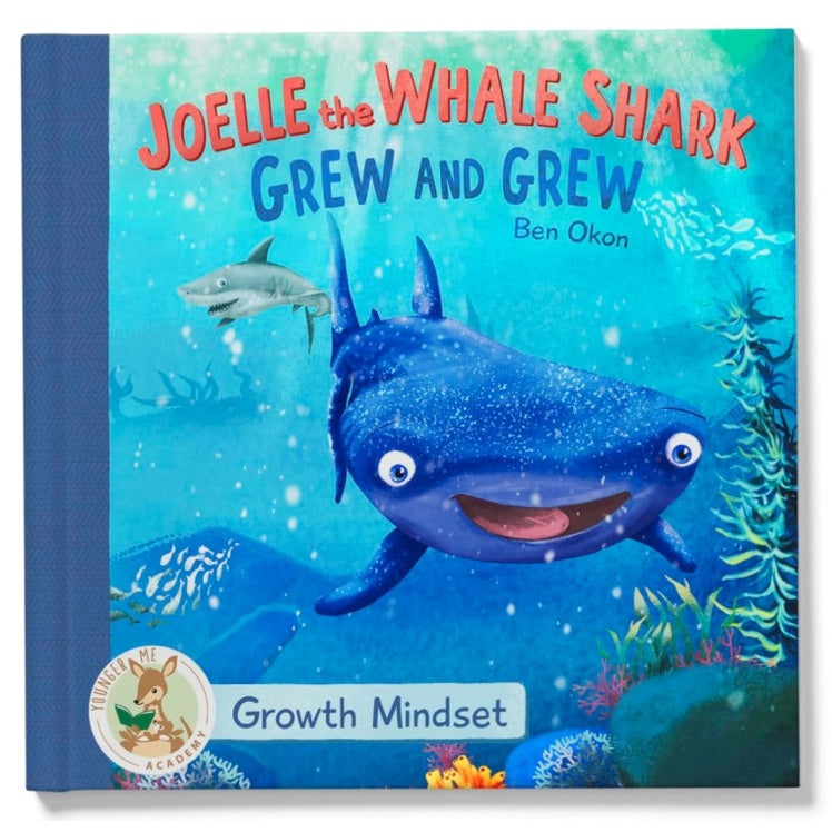 Children's book titled "Joelle the Whale Shark Grew and Grew," with a blue cover featuring a cartoon whale shark underwater.