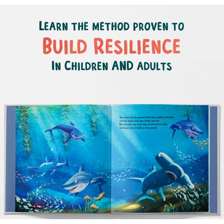 Here is an appropriate alt text for the image:
A colorful children's book titled "Learn the Method Proven to Build Resilience in Children and Adults" displays an open spread with vibrant illustrations of sharks in an underwater scene.