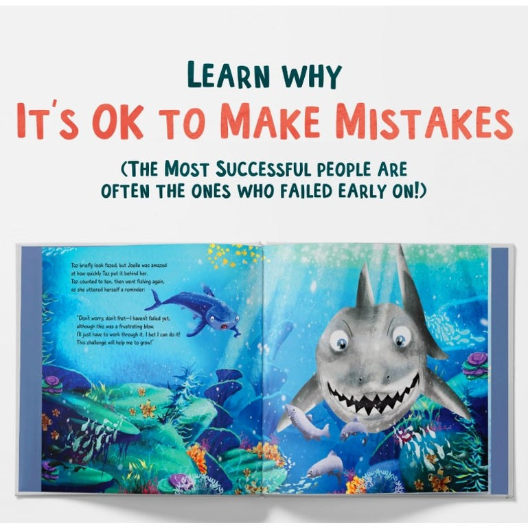 A book spread with cartoon sharks and text about making mistakes.