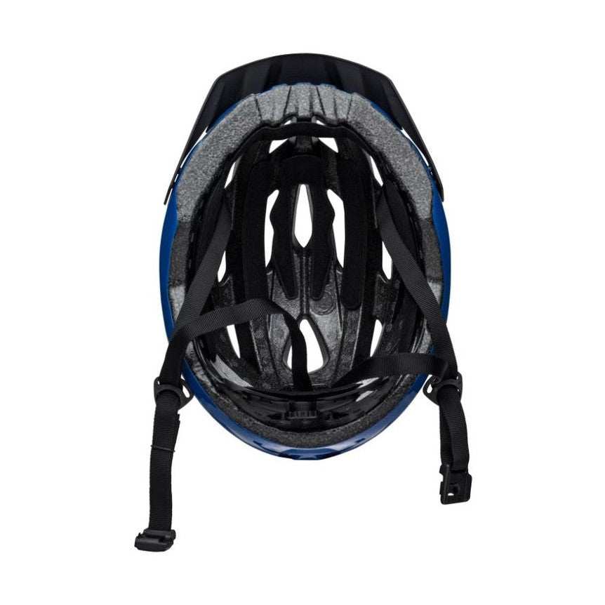 Overhead view of a blue cycling helmet.
