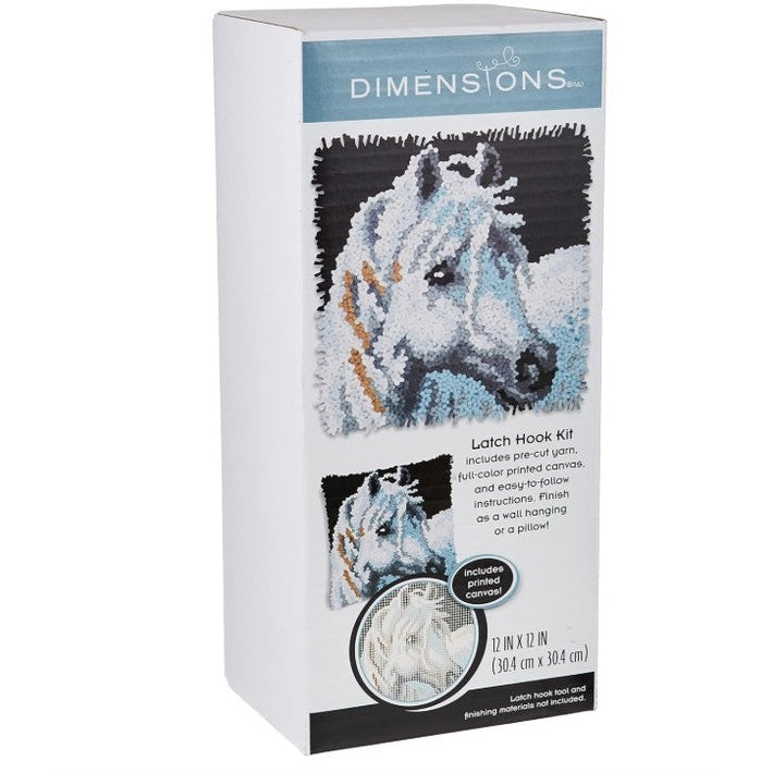 Boxed latch hook kit with a white horse design.