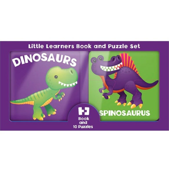 Book and puzzle set with cartoon dinosaurs, "Dinosaurs" and "Spinosaurus" text, purple and green colors.