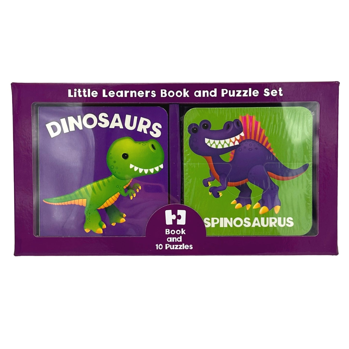 A children's "Little Learners Book and Puzzle Set" with dinosaur themes.