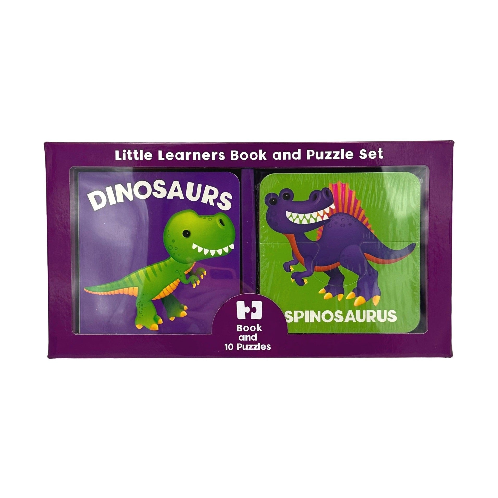 A children's "Little Learners Book and Puzzle Set" with dinosaur themes.