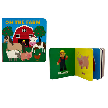 Two "On the Farm" board books. One shows farm animals in front of a red barn and apple trees. The other is open and showing pages about a farmer and a pig.