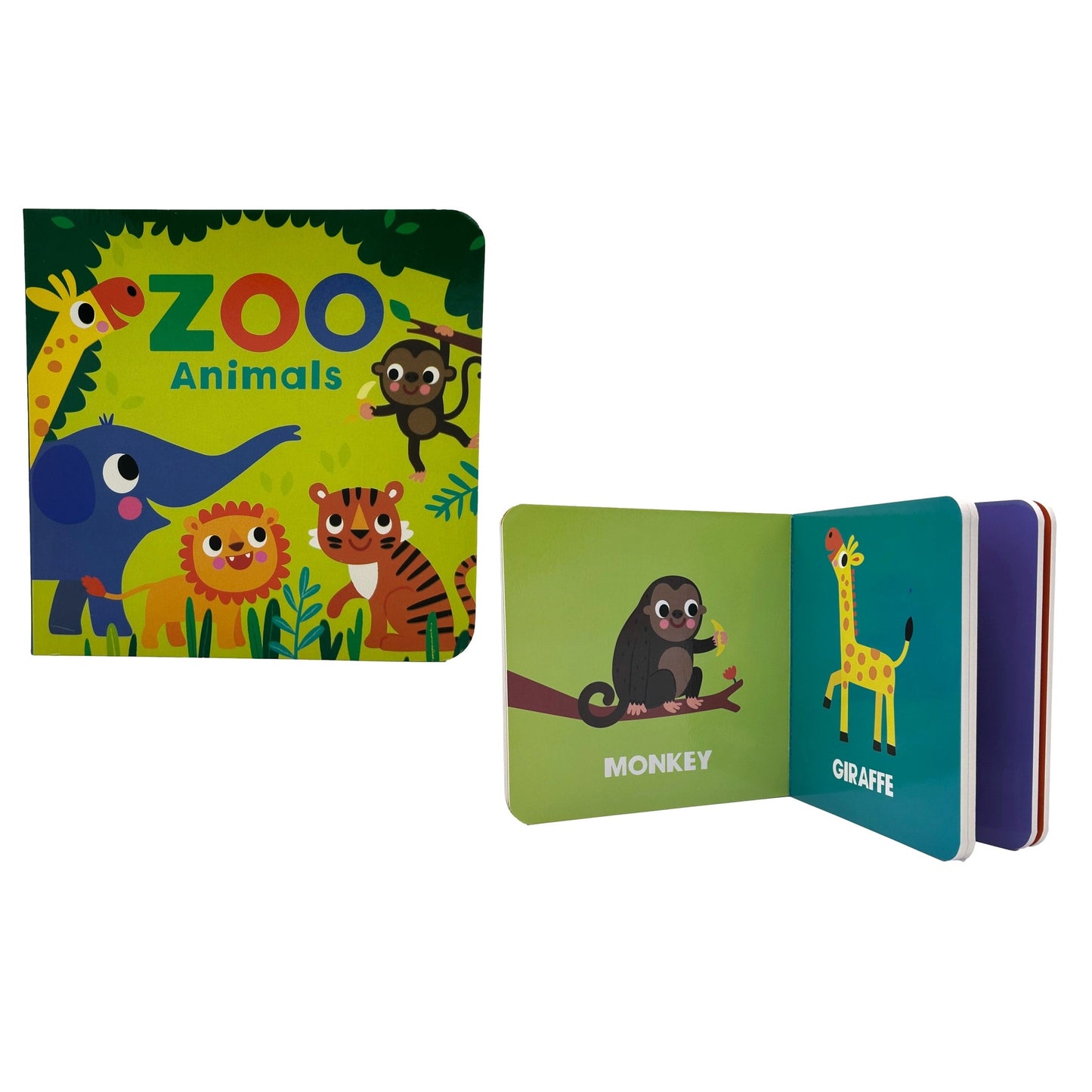 Two children's board books; one with "Zoo Animals" cover, the other open showing monkey and giraffe illustrations.