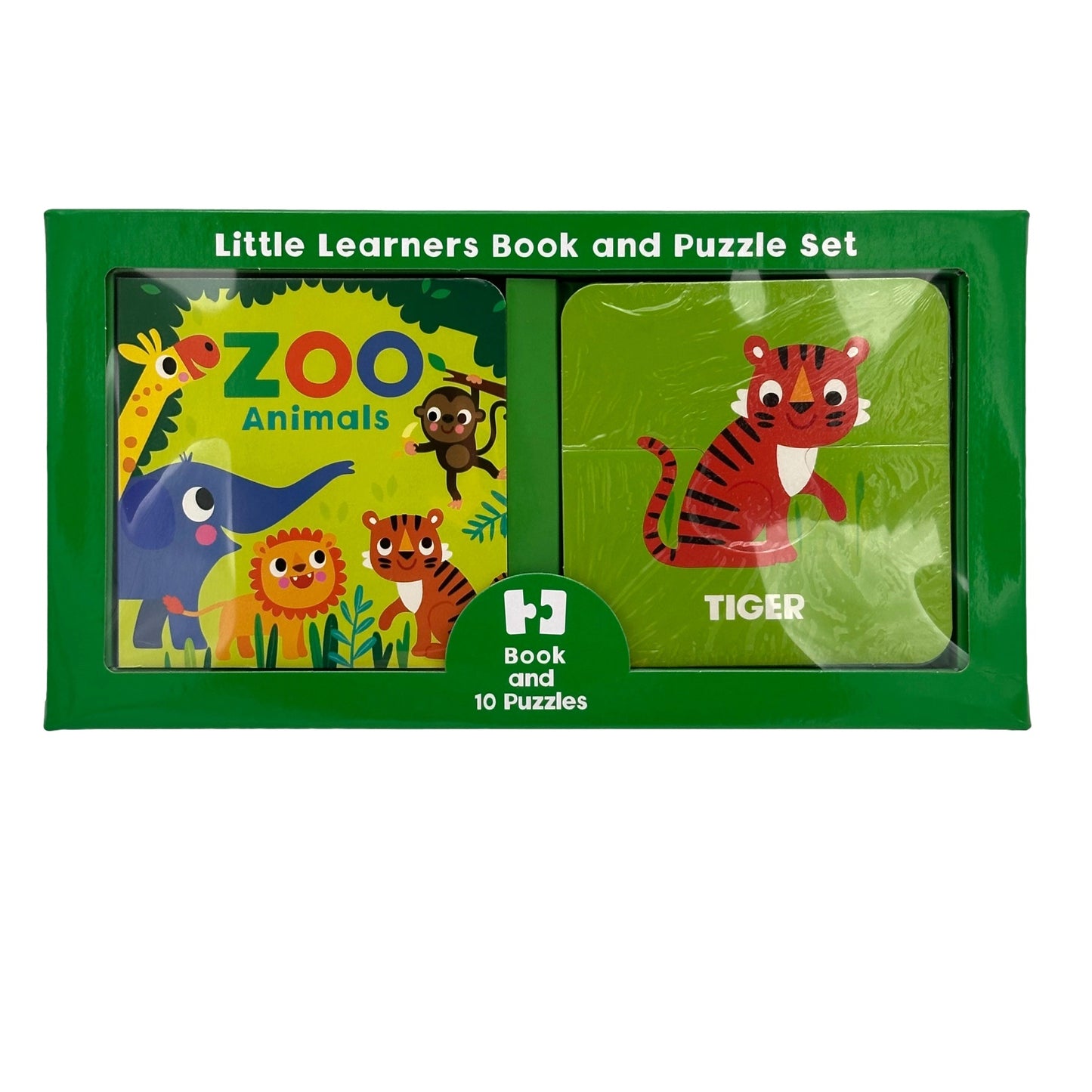 A green box set that contains a book and 10 jigsaw puzzles for little learners. The book cover shows zoo animals, and one of the puzzles depicts a tiger.