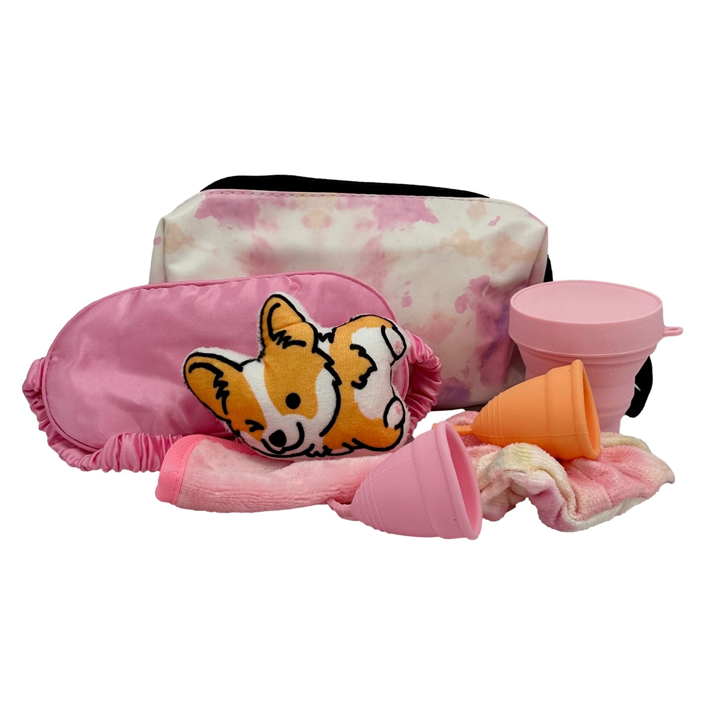 Feminine hygiene products, travel bag, and eye mask.