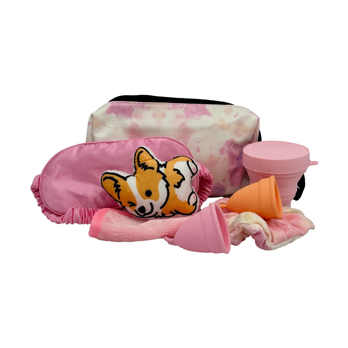 Feminine hygiene products, travel bag, and eye mask.