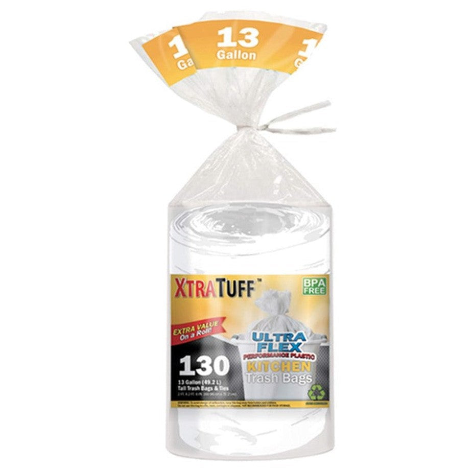 Roll of XtraTuff 13-gallon kitchen trash bags.