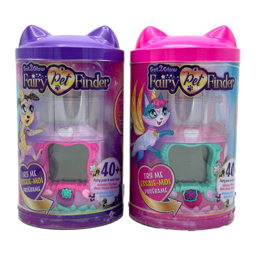 Two "Got2Glow Fairy Pet Finder" toys, one purple and one pink, in clear plastic containers with cat-ear lids.