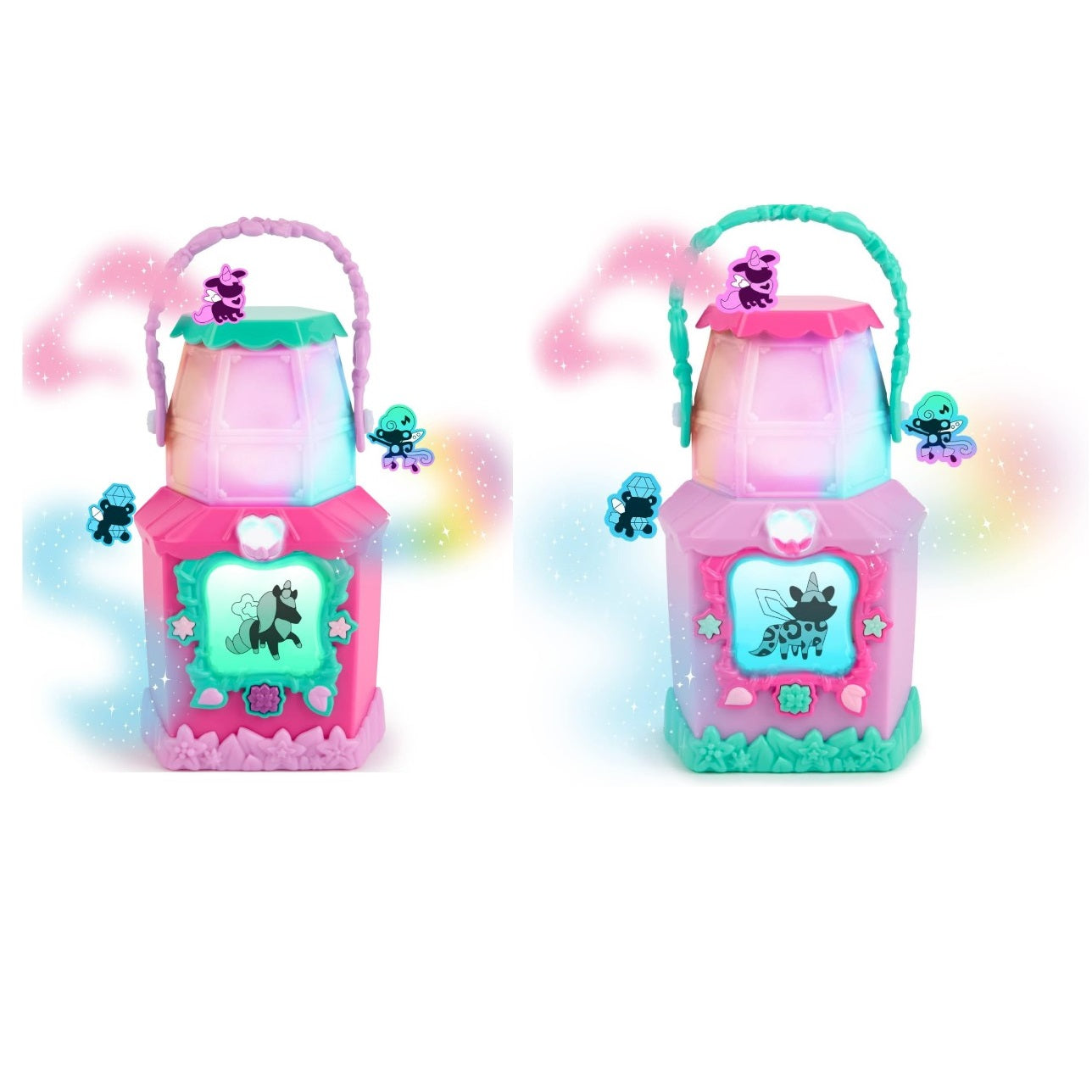 Two colorful, toy lanterns with cartoon animal figurines.