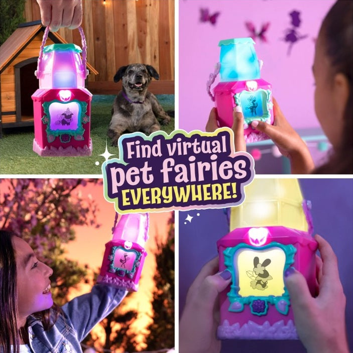 A toy lantern for finding virtual pet fairies is shown in a variety of settings and being held by people. A dog is also included in one of the images.