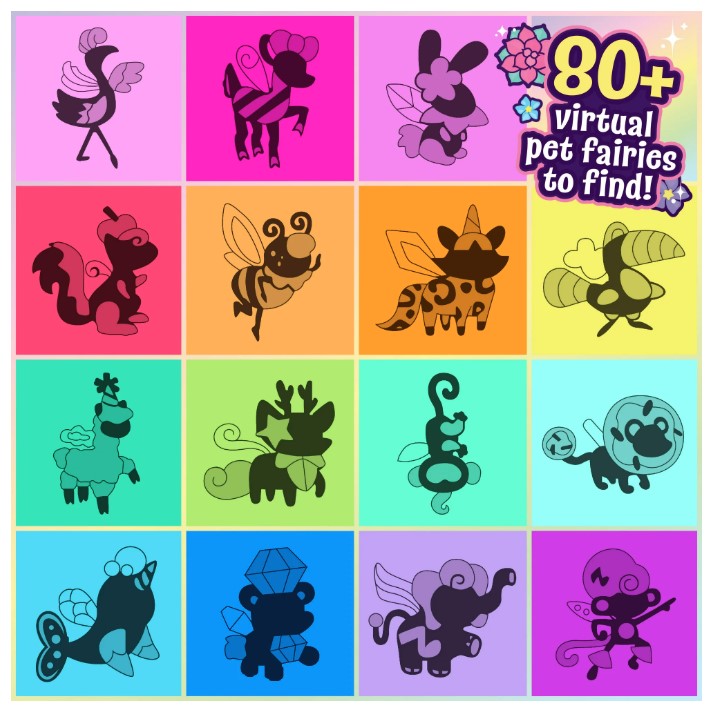 Collage of 16 colorful virtual pet fairies.