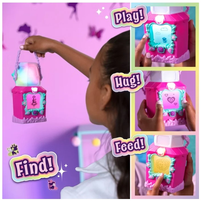 Child holding and interacting with a pink toy lantern.