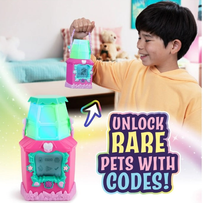 A child holding a pink and green toy lantern, with another one shown on the floor. A text bubble says "Unlock Rare Pets with Codes!"