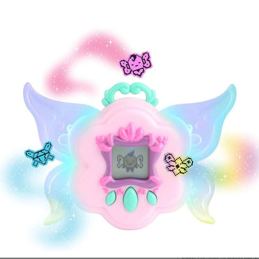 Pink toy with wings, a screen, and pixelated butterfly designs.