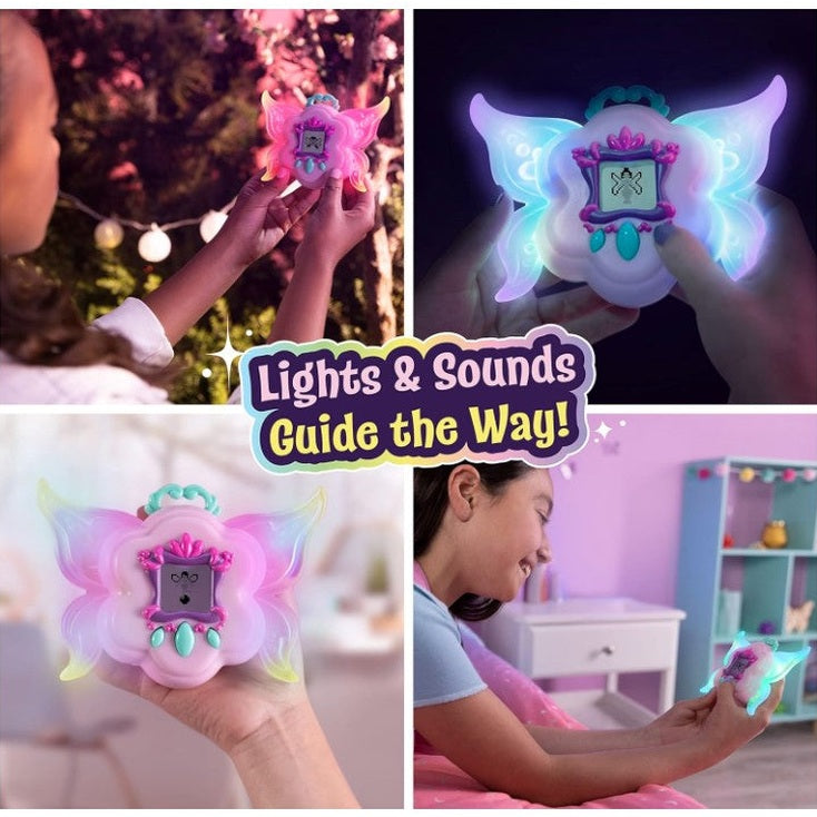 Four-panel product image promoting a fairy toy with wings. The toy has a digital screen and emits light and sound. Two young girls are shown interacting with the toy. The text "Lights & Sounds Guide the Way!" is prominently displayed.