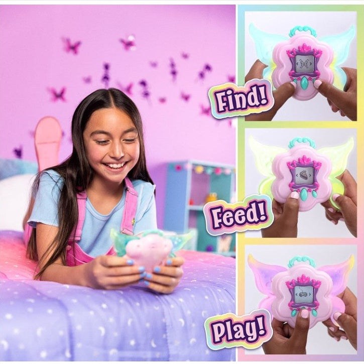 A girl on a bed holding a pink, wing-shaped toy, with insets of the toy being held by hands and text that reads "Find!", "Feed!", and "Play!".
