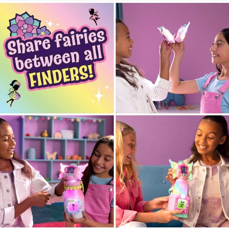Four-panel collage: Girls playing with a fairy toy, sharing fairies.